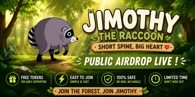 An advertisement for 'JIMOTHY THE RACCOON' featuring a cartoon raccoon promotes a 'PUBLIC AIRDROP LIVE!' with promises of 'FREE TOKENS', 'EASY TO JOIN', '100% SAFE', and 'LIMITED TIME'.