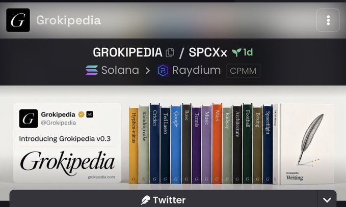 A mobile screen showing the Grokipedia Twitter/X profile with a tweet 'Introducing Grokipedia v0.3' displayed above an image of multiple encyclopedia volumes (Mathematics, Flywheel, Stock, Red Lasso, Google, Wave, Music, Runway, Architecture, Footall, Specialist) and a quill pen.