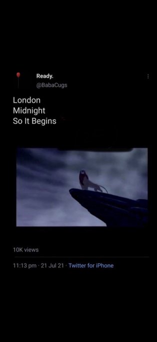 The image is a tweet from user @BabaGugs with the caption "London Midnight So It Begins," featuring a dark, atmospheric scene of The Lion King silhouette (Simba on Pride Rock) with "10K views" and timestamp "11:13 pm - 21 Jul 21 - Twitter for iPhone." The cinematic Pride Rock imagery visually reinforces the post's bullish theme of a confirmed breakout for $XRP, symbolizing a powerful new beginning at the London midnight candle open.