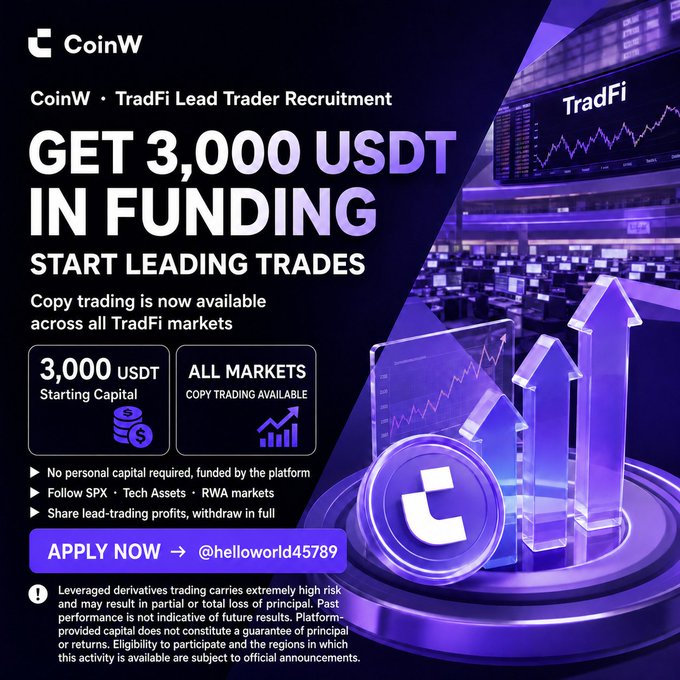 The image is a promotional graphic from CoinW advertising their TradFi Lead Trader Recruitment program, offering "3,000 USDT IN FUNDING" to start leading trades with copy trading available across all TradFi markets. It complements the post's call to action by providing visual details like the application link (bit.ly/4h4fi4x) and contact (@helloworld45789), directly supporting the pitch to become a lead trader.