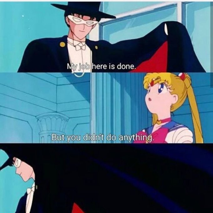 A three-panel anime meme from Sailor Moon featuring Tuxedo Mask and Sailor Moon, with dialogue reading 'My job here is done.' and 'But you didn't do anything.'