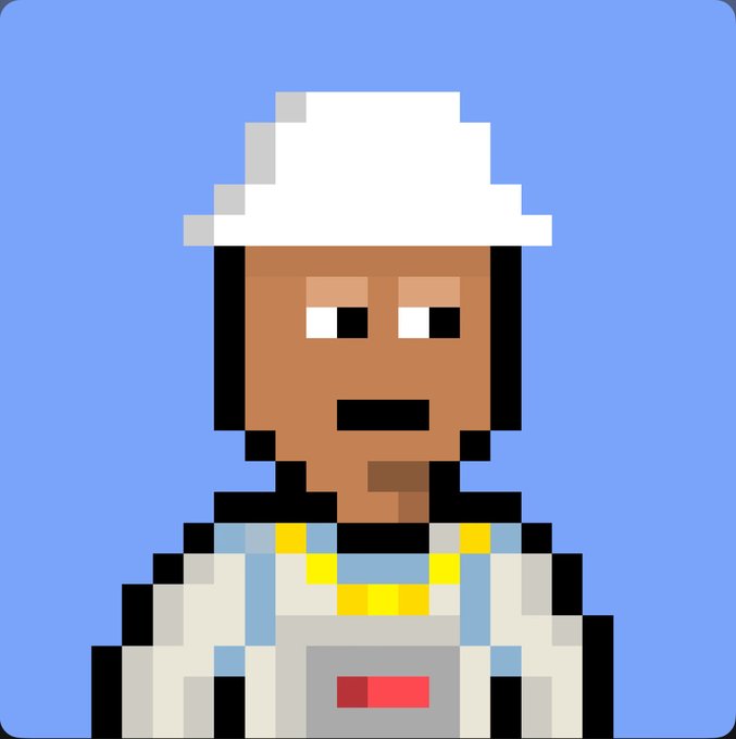 A pixel art portrait of a dark-skinned character wearing a white beanie and outfit, set against a blue background.