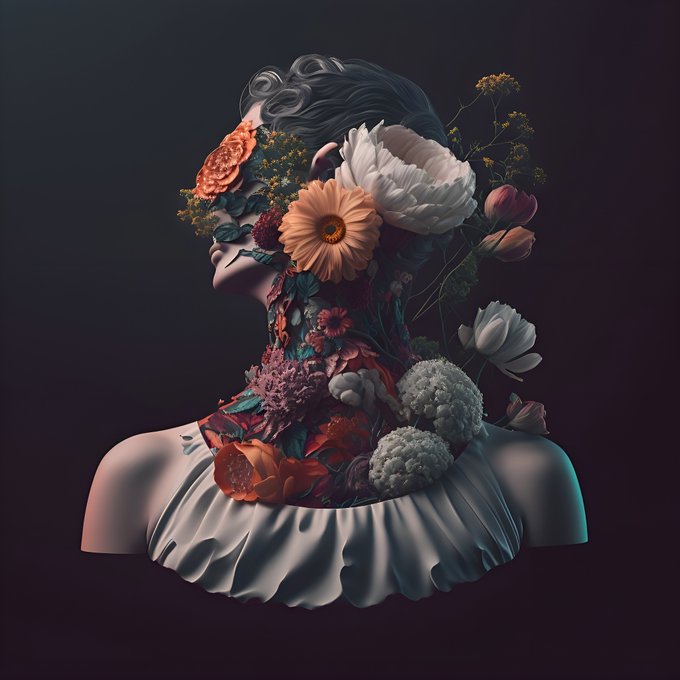 A surreal portrait of a figure whose head and shoulders burst with an arrangement of flowers, including white peonies and orange blooms, against a dark background.