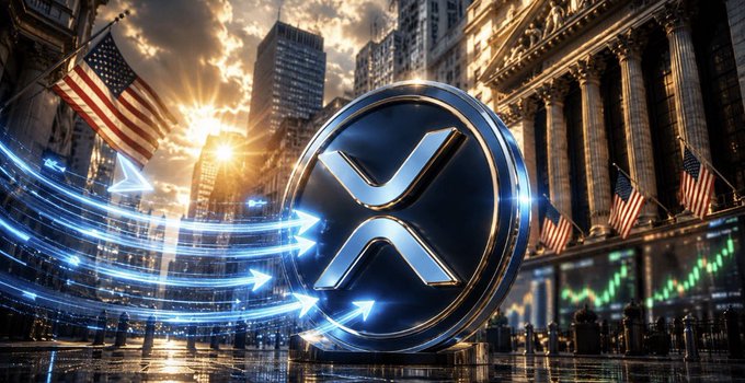 A prominent XRP coin emblem takes center stage against a backdrop of the New York Stock Exchange adorned with American flags, with glowing arrows and a rising stock chart illustrating the $5.66M in daily net inflows into U.S. spot XRP ETFs and the ongoing institutional accumulation trend.