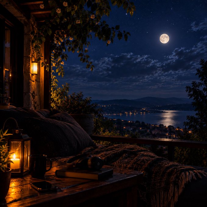 A cozy nighttime scene on a balcony or terrace overlooking a coastline, featuring a lit lantern, a coffee mug, headphones, and a book on a wooden table, with a full moon illuminating the starry sky.