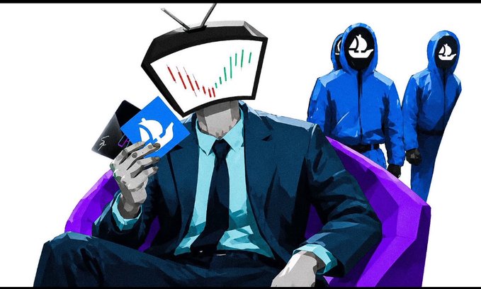 An anime-style illustration featuring a character with a TV/monitor head holding a blue card, with figures in blue hoodies bearing a ship logo in the background.