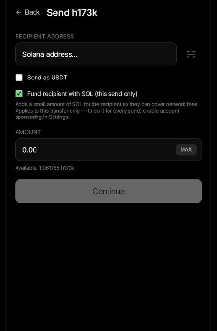 A screenshot of the h173k wallet's "Send" interface showing a recipient address field, toggles for "Send as USDT" and "Fund recipient with SOL (this send only)," and an amount entry with a balance of 1.061755 h173k available. The interface illustrates the new per-transaction option to cover the recipient's Solana gas fee, replacing the previous global auto-funding setting.