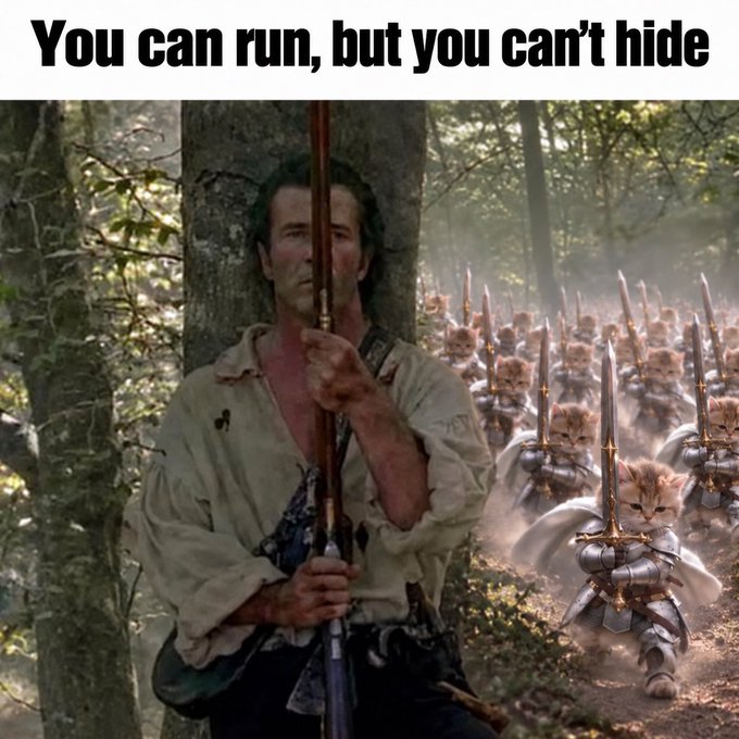 A meme showing a man holding a rifle while hiding behind a tree, pursued by an army of kittens in armor carrying swords, captioned 'You can run, but you can't hide'.