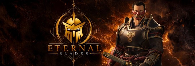 Promotional banner for the game 'Eternal Blades' featuring a masked samurai warrior in dark armor against a fiery background with a gold logo.