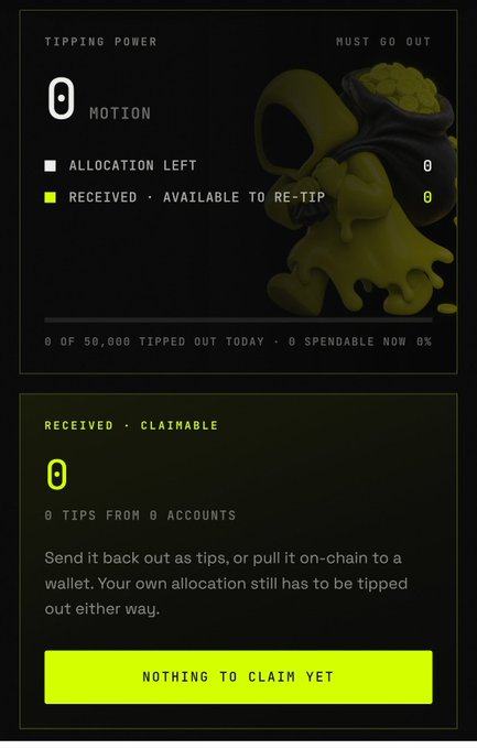 A dark-themed digital interface displaying 'TIPPING POWER' and 'MUST GO OUT' with 'MOTION' set to 0, showing '0 ALLOCATION LEFT' and '0 RECEIVED - AVAILABLE TO RE-TIP' alongside a green slime graphic, with '0 OF 50,000 TIPPED OUT TODAY - 0 SPENDABLE NOW 0%' and a 'NOTHING TO CLAIM YET' button.