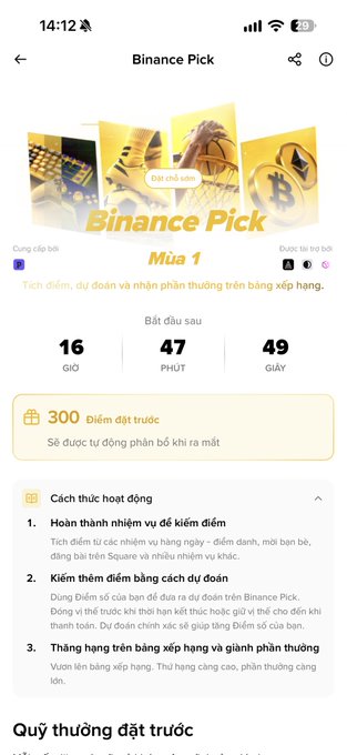 A mobile app screen showing a "Binance Pick" event, displaying a countdown of 16 hours, 47 minutes, and 49 seconds, with a prize pool of 300 points and instructions for guessing squares and charting in Vietnamese.
