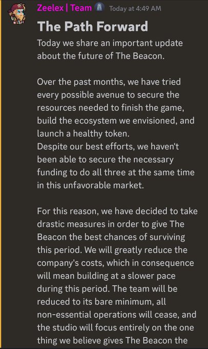 A Discord message from 'Zeelex | Team' titled 'The Path Forward', announcing drastic cost-cutting measures and a reduced team to focus on one goal in order to give 'The Beacon' the best chance of surviving the current unfavorable market.