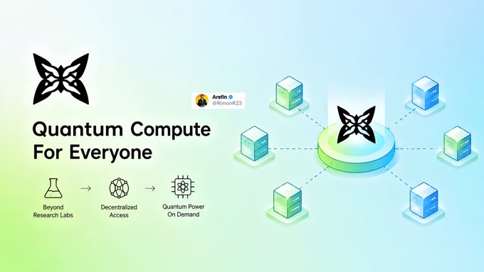 The image features an eye-catching poster promoting Quantum Computing for everyone. The central part of the poster displays a black butterfly, symbolizing the essence of Quantum Computing. Surrounding this central theme, there are several smaller images showcasing different aspects of Quantum Computing technology, such as cloud computing and blockchain integration. Each image is accompanied by text descriptions highlighting the potential benefits and applications of Quantum Computing. In total, there are eight small images placed around the poster to provide a comprehensive view of the subject matter being presented. The color scheme of this poster consists mainly of black, white, and shades of blue-green, creating a clean and professional appearance.