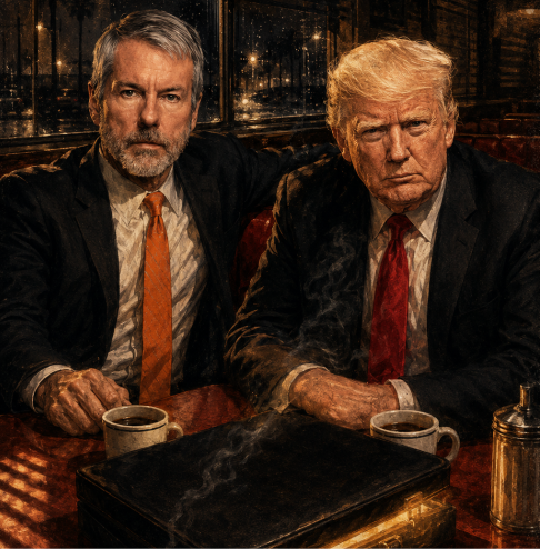 A dramatic painting depicts two men resembling George Soros and Donald Trump seated at a table with coffee cups, looking serious as steam rises from a black book or folder in front of them.