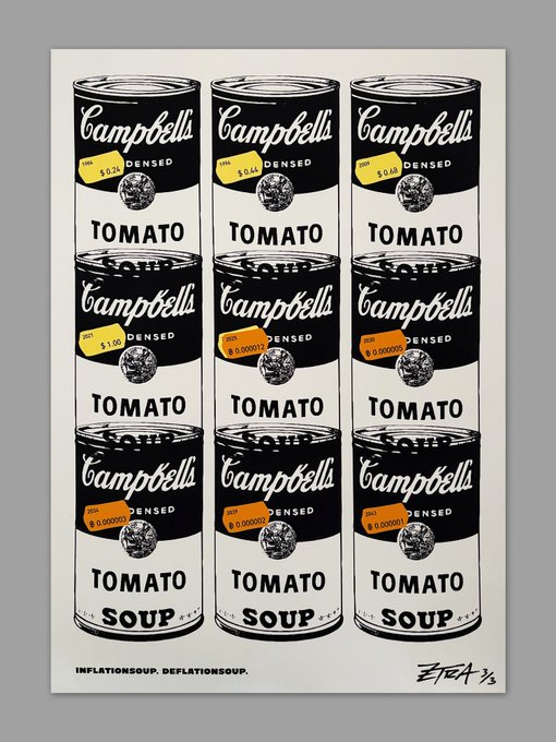 An Andy Warhol-style artwork showing a 3x3 grid of Campbell's Tomato Soup cans with progressively smaller price labels, titled "INFLATIONSOUP. DEFLATIONSOUP." at the bottom left.
