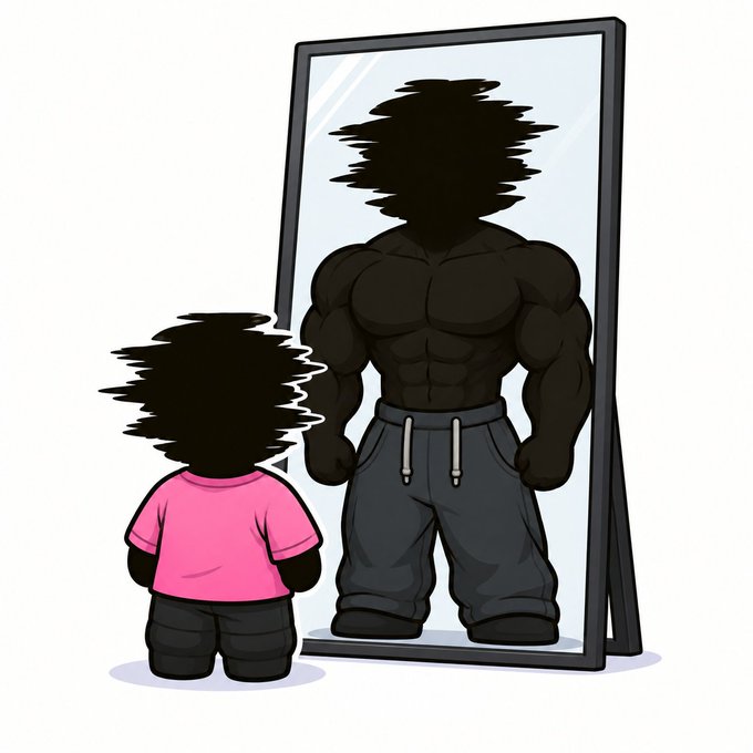 A cartoon illustration shows a small child with a black scribbled-out face standing in front of a mirror, reflecting a heavily muscled, giant version of themselves.