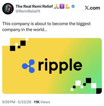 A social media post features a yellow square with the Ripple logo and text, accompanied by a Twitter bio and a link to the company's website.