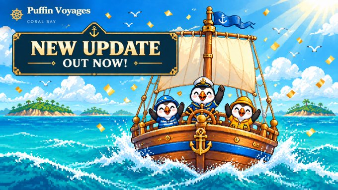 A promotional image for 'Puffin Voyages CORAL BAY' announcing a 'NEW UPDATE OUT NOW!' featuring three cartoon puffins sailing on a ship.