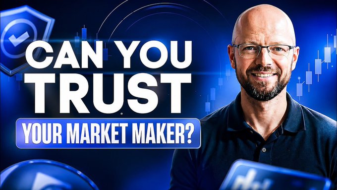 A YouTube thumbnail featuring a bald man with glasses and the text 'CAN YOU TRUST YOUR MARKET MAKER?' over a blue financial background.