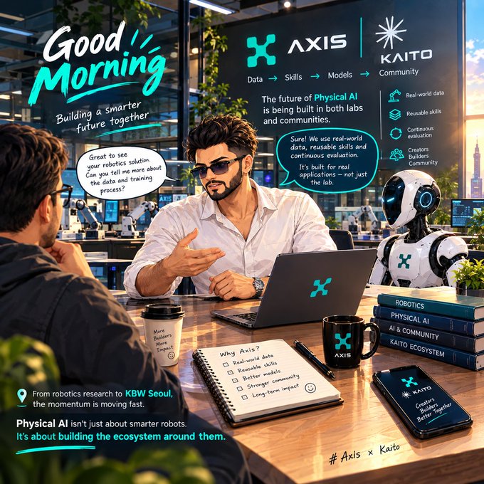 A promotional illustration for 'Axis x Kaito' shows two men discussing 'Physical AI' in a workspace, with a white robot and a laptop displaying the Axis logo; the banner reads 'Good Morning' and highlights 'Real-world data, Reusable skills, Continuous evaluation, Creators Builders Community.'