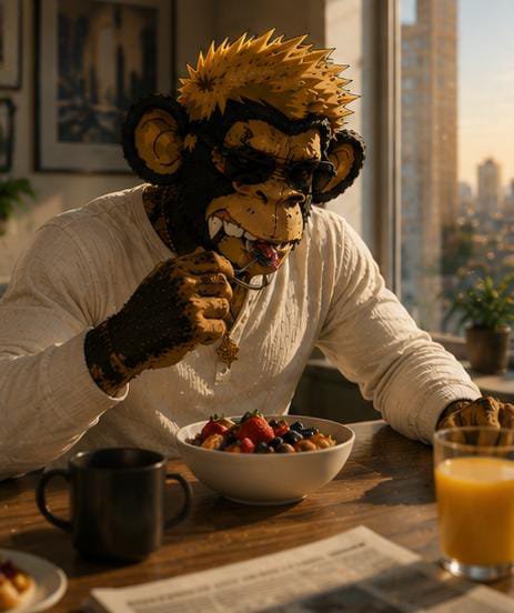 A person wearing a furry monkey-like mask with spiky yellow hair and sunglasses eats breakfast at a table with a bowl of fruit, a coffee mug, and a glass of orange juice, with a city skyline visible through the window.