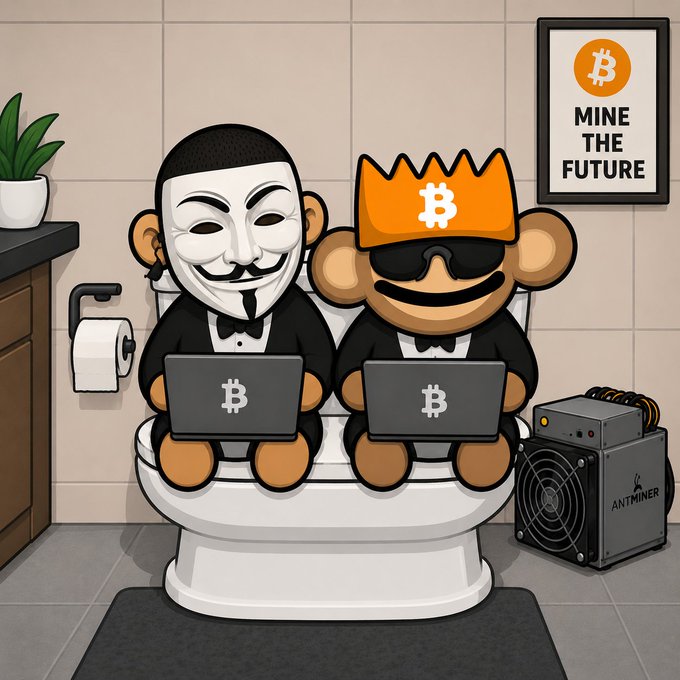 Cartoon illustration of two figures—one wearing a V for Vendetta mask and the other a Bitcoin-hat monkey—sitting on a toilet using Bitcoin laptops next to an Antminer, with a 'MINE THE FUTURE' sign on the wall.