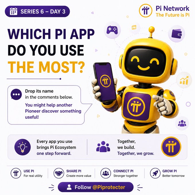 A promotional graphic for Pi Network's 'Series 6 – Day 3' campaign asking 'WHICH PI APP DO YOU USE THE MOST?', featuring a yellow robot mascot holding a phone with the Pi logo.