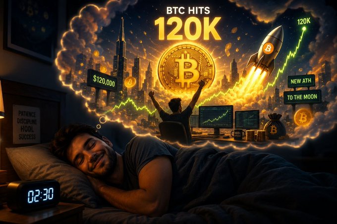 A digital illustration of a man sleeping peacefully with a dream vision showing 'BTC HITS 120K', Bitcoin reaching a new all-time high of $120,000, 'TO THE MOON', and rockets rising over a cityscape, with an alarm clock showing 02:30.
