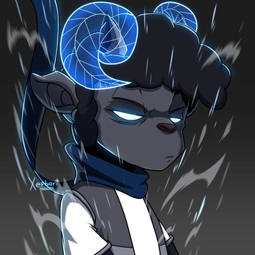 A digital illustration of a dark-skinned character with pointed ears, glowing blue eyes, and translucent blue ram-like horns on their head, signed 'evgeni_art' in the corner.
