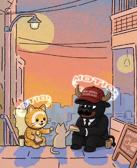 A digital illustration showing a stylized orange cat labeled "BITCOIN" and a horned bull wearing a "MAKE AMERICA BULLISH AGAIN" hat, sitting on a city street at sunset with a smaller cat between them.