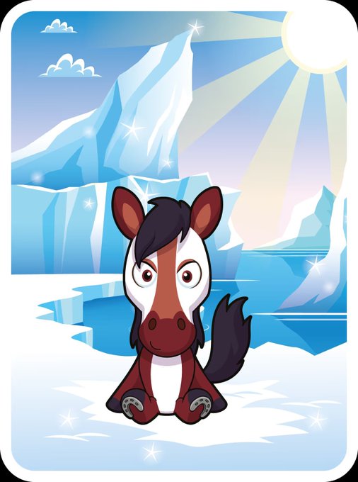 A cute cartoon horse sits in an icy arctic landscape with sparkling icebergs, a bright sun, and glistening snow under its hooves. The image ties into the playful, character-driven aesthetic of Veefriends, suggesting one of its charming animal characters is being highlighted as underrated.