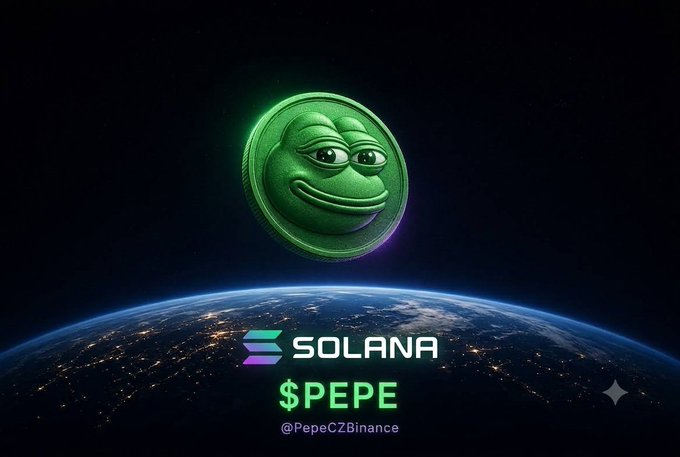 A promotional image featuring a green Pepe coin floating above Earth with the Solana logo, labeled 'SOLANA $PEPE @PepeCZBinance'.