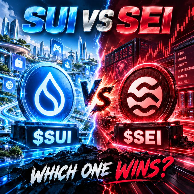 A vibrant graphic comparing cryptocurrencies with large 'SUI' and 'SEI' logos, featuring the text 'WHICH ONE WINS?' at the bottom.