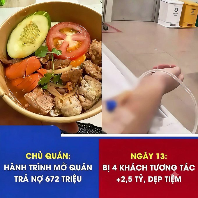 A split-screen image showing a bowl of soup containing meat, carrots, cucumber, and tomato on the left, and a hand holding a plastic bag on the right. Vietnamese text below reads 'CHỦ QUÁN: HÀNH TRÌNH MỞ QUÁN TRẢ NỢ 672 TRIỆU' and 'NGÀY 13: BỊ 4 KHÁCH TƯƠNG TÁC +2,5 TỶ, ĐẸP TIỆM'.