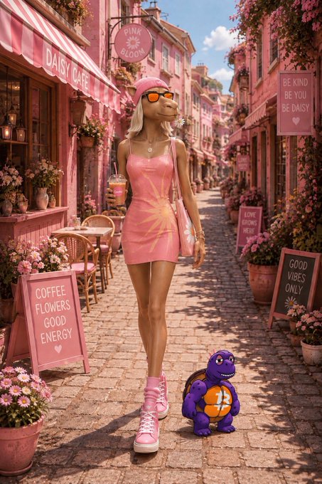 A 3D-rendered scene of a stylish woman in a pink tie-dye dress and cap walking down a pink-themed cobblestone street with cafes like 'Daisy Cafe' and 'Pink Bloom', accompanied by a purple turtle holding a BNB coin.