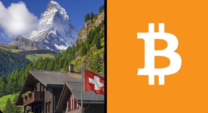 The image is split, showing the iconic Matterhorn mountain with a Swiss flag on the left, and the Bitcoin "₿" logo on an orange background on the right. This visual pairs Switzerland's scenic alpine landscape with Bitcoin, reinforcing the post's message about Switzerland's status as a leading crypto-friendly jurisdiction with 0% capital gains tax on cryptocurrencies for private investors.