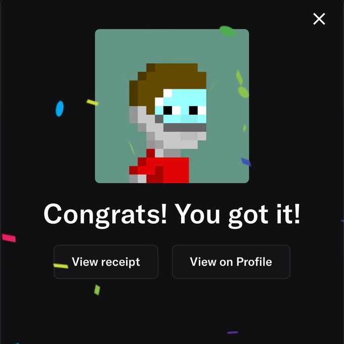 A digital marketplace achievement screen showing a pixel-art portrait of a character, with text 'Congrats! You got it!' and buttons for 'View receipt' and 'View on Profile' amidst falling confetti.