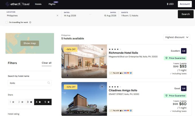 A screenshot of ether.fi Travel showing hotel search results for Iloilo, Philippines, displaying options including Richmond Hotel Iloilo ($93) and Citadines Amigo Iloilo ($60) with star ratings and discount badges.