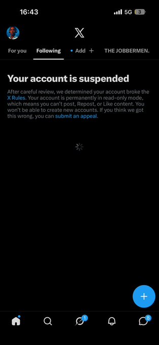 A mobile screenshot of the X app showing a 'Your account is suspended' message, stating the account is permanently in read-only mode due to breaking the X Rules.