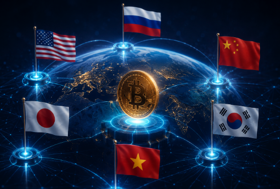 A digital artwork featuring a large gold Bitcoin coin floating over a glowing globe at night, surrounded by a network of lines connecting to the flags of the US, Russia, China, Japan, South Korea, and Vietnam.