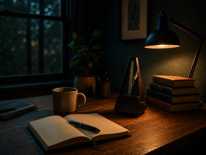 A dimly lit desk scene features an open notebook with a pen resting on its pages, a coffee mug, stacked books, a metronome, and a warm desk lamp casting soft light against a dark room with a window view. The quiet, solitary study setting echoes the post's theme of "Sunday on Oasis," suggesting a meditative moment of discipline where the act of focused work itself—patient and unhurried—becomes the reward.