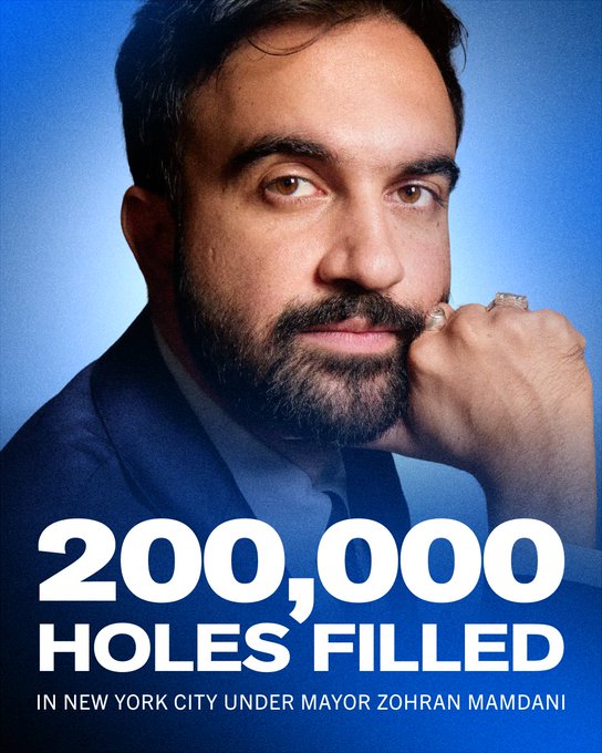 A portrait of a man with text reading '200,000 HOLES FILLED IN NEW YORK CITY UNDER MAYOR ZOHRAN MAMDANI'.