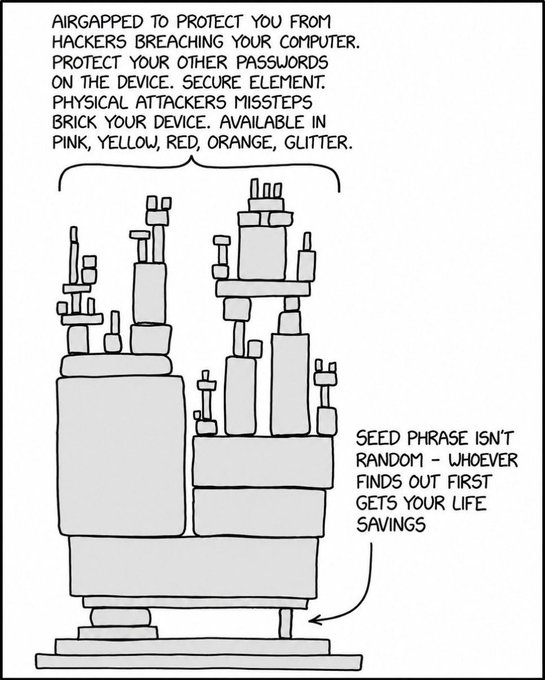 An xkcd comic satirizing cryptocurrency hardware wallets, showing a tower of bricks with the caption 'SEED PHRASE ISN'T RANDOM - WHOEVER FINDS OUT FIRST GETS YOUR LIFE SAVINGS.'