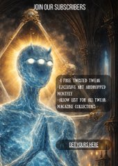Glowing translucent humanoid figure in prayer pose with text 'JOIN OUR SUBSCRIBERS' and 'BECOME PART OF OUR TWITTER DISCORD COLLECTIONS' with a 'GET YOURS HERE' button.
