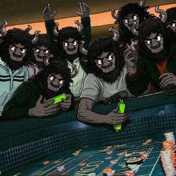 A cartoon illustration depicts a group of horned, wild-haired crypto enthusiasts gathered around a craps table, holding green cash and betting chips, reflecting the high-risk gambling spirit tied to the meme coin's casino-themed branding and its Solana contract address "GPjVA3Swm1kQm2bYbGCnxQLW3z8attwuMP5J7kLCpump."