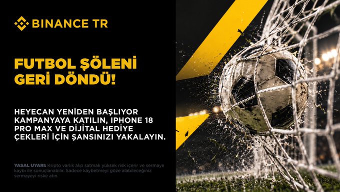 A Binance TR promotional banner announcing the return of their "Futbol Şöleni" (Football Festival) campaign, featuring a dramatic image of a soccer ball hitting the back of a net, with Turkish text inviting users to participate for a chance to win an iPhone 18 Pro Max and digital prizes.