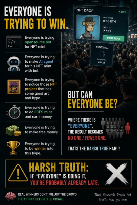 The image is a dark-themed infographic titled "EVERYONE IS TRYING TO WIN" and "BUT CAN EVERYONE BE?", depicting a crowded NFT mint scenario with a Bored Ape NFT priced at "0.08 ETH" with "7777" supply and a "MINTING..." queue showing "#4821." The graphic critiques the herd mentality behind NFT mint bots, AI agents, FCFS drops, and hype-chasing, concluding with a "HARSH TRUTH" warning that "IF 'EVERYONE' IS DOING IT, YOU'RE PROBABLY ALREADY LATE," paired with the caption's message that real winners think before the crowd rather than follow it.