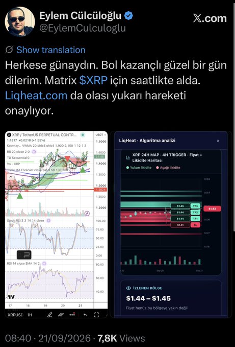 A cryptocurrency trader named Eylem Cülcüoğlu shares a morning market update on X, displaying TradingView charts for XRP/USDT Perpetual and a Liqheat algorithmic analysis showing $1.44-$1.45 resistance levels with TP1 already hit, matching the post's note about reaching the first scalp take-profit target.