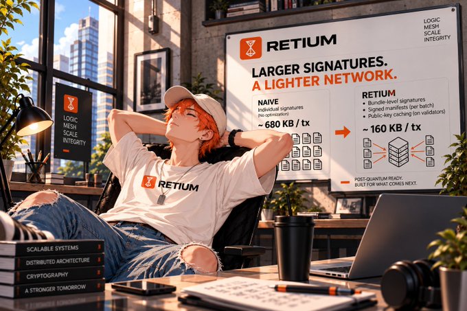 An anime-style illustration of a red-haired character in a 'RETIUM' t-shirt sitting at a desk, with a poster behind reading 'RETIUM - LARGER SIGNATURES. A LIGHTER NETWORK.' highlighting a reduction from 680 kB/tx to 160 kB/tx.