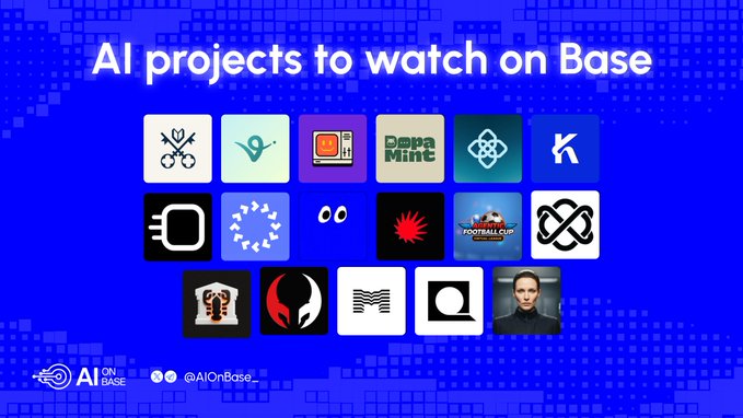 A promotional graphic titled 'AI projects to watch on Base' displays 17 AI-related project logos arranged in a grid on a blue background, with the handle @AIONBase shown at the bottom.